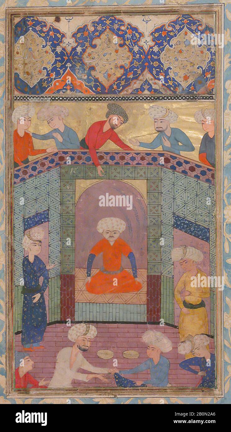 Sa'di, 'A Ruler dans son palais', Folio d'un Kulliyat (travaux Complets) de sa'di, sa'di (CA. 1213–1291), Folio d'un manuscrit illustré du XIXe siècle, Attribué à l'Iran, Tabriz, encre, aquarelle opaque et or sur papier, Peinture : H. 9 po. (22,9 cm), avec 5 po. (12,7 cm), page : H. 15 3/4 po. (40 cm), avec 8 1/2 po. (21,6 cm), tapis : H. 19 1/4 po. (48,9 cm), avec 14 1/4 po. (36,2 cm), Codices Banque D'Images