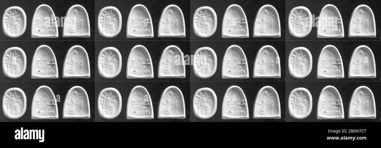 Sceau (conoïde ovale) avec scène culturelle, divinité et symboles divins, assyrienne, néo-assyrienne, date fin 8ème siècle C.-B., Mésopotamie, assyrienne, calcaire brun foncé, Face de joint: 2.1 x 1.63 cm, hauteur: 2.42 cm, trou de chaîne: 0.4 cm, joints de pierre-Stamp Banque D'Images
