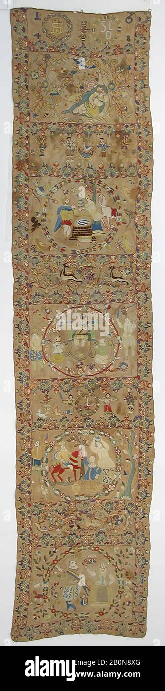 Panneau, 1648, Attribué à l'Inde, lin, soie, fil enveloppé de métal; tissage Uni, brodé, textile: L. 76 po. (193 cm), avec 16 3/4 po. (42,5 cm), textiles brodés Banque D'Images