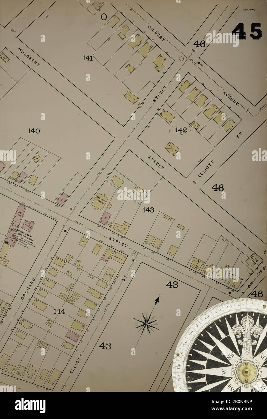 Image 34 De La Carte D'Assurance-Incendie Sanborn De New Haven, New Haven County, Connecticut. 1886; Vol. 2. 59 feuille(s). Direction, Amérique, plan de rue avec un compas du XIXe siècle Banque D'Images