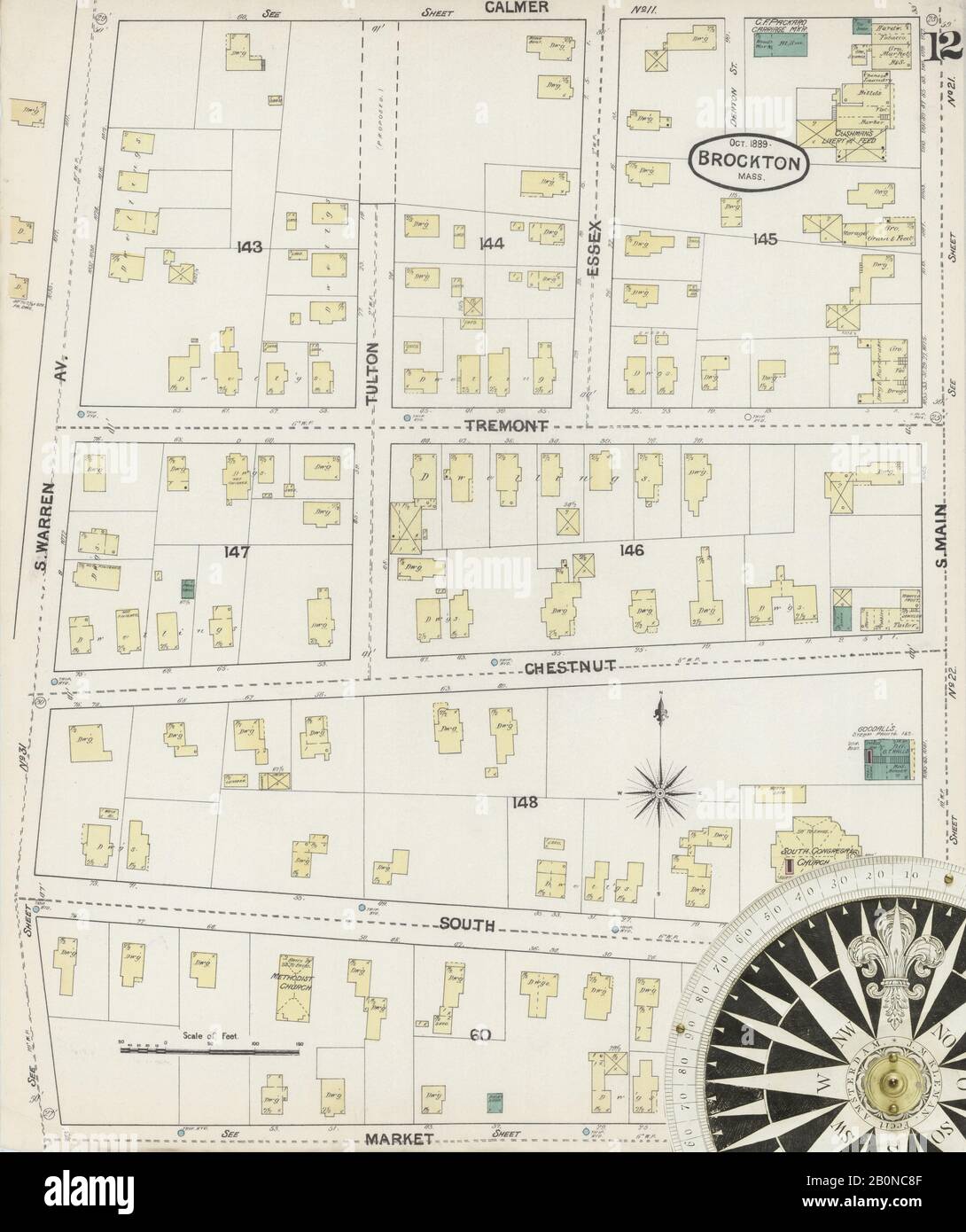 Image 12 De La Carte D'Assurance-Incendie Sanborn De Brockton, Comté De Plymouth, Massachusetts. Oct 1889. 31 feuille(s), Amérique, plan de rue avec compas du XIXe siècle Banque D'Images