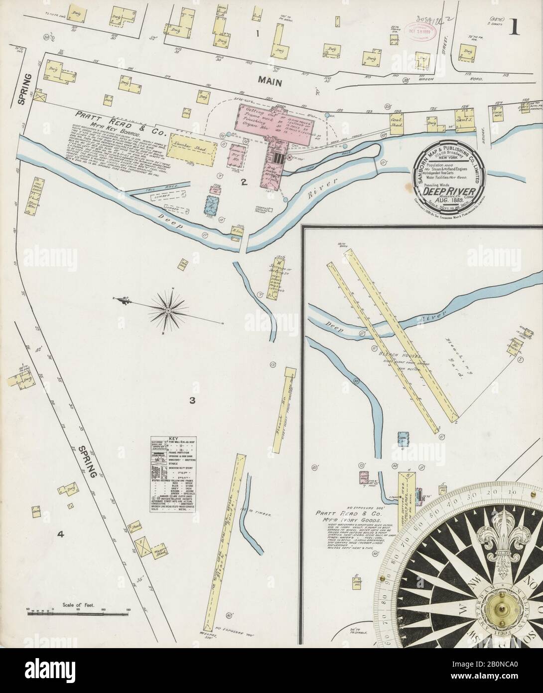 Image 1 De La Carte D'Assurance-Incendie Sanborn De Deep River, Comté De Middlesex, Connecticut. Août 1889. 2 feuille(s), Amérique, plan de rue avec un compas du dix-neuvième siècle Banque D'Images