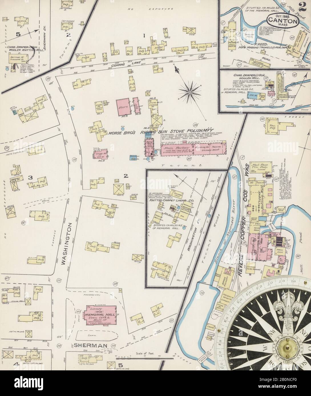 Image 2 De La Carte D'Assurance-Incendie Sanborn De Canton, Comté De Norfolk, Massachusetts. Octobre 1885. 5 feuille(s), Amérique, plan de rue avec un compas du dix-neuvième siècle Banque D'Images