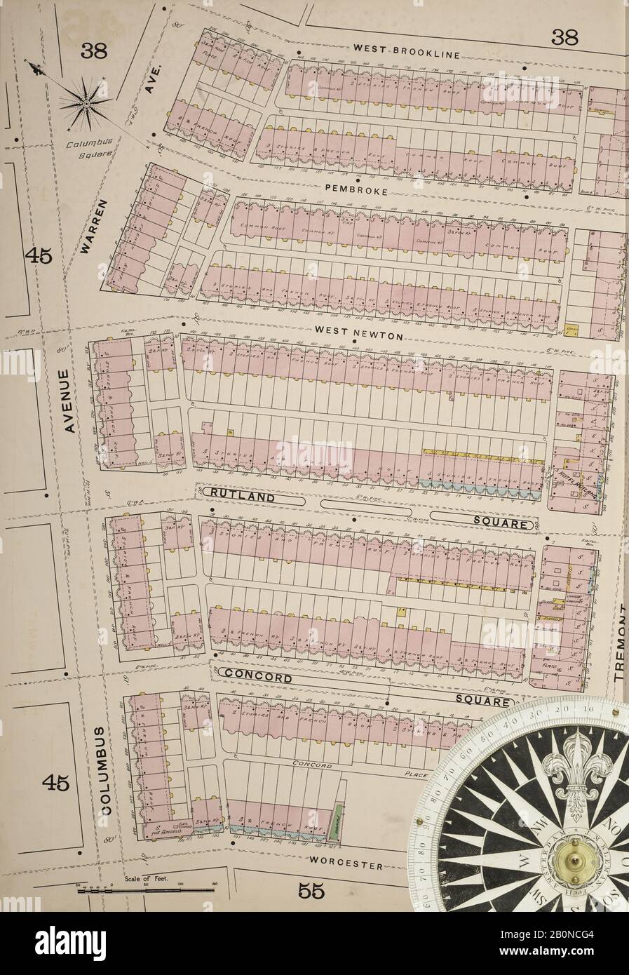 Image 37 De La Carte D'Assurance-Incendie Sanborn De Boston, Comté De Suffolk, Massachusetts. 2, 1887. 64 feuille(s). Plaques à double pression numérotées 29-59. Direction, Amérique, plan de rue avec un compas du XIXe siècle Banque D'Images