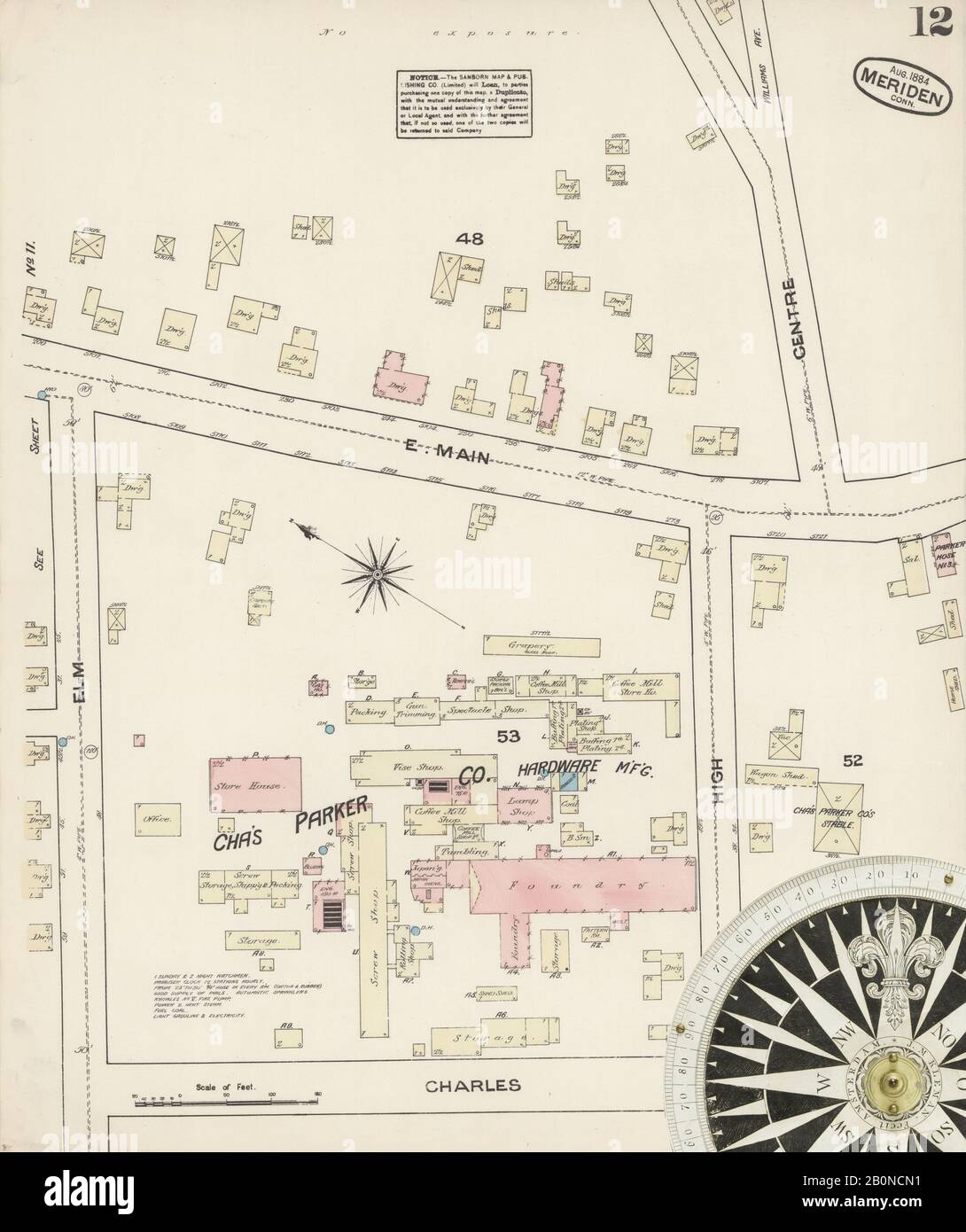 Image 12 De La Carte D'Assurance-Incendie Sanborn De Meriden, New Haven County, Connecticut. Août 1884. 14 feuille(s), Amérique, plan de rue avec compas du XIXe siècle Banque D'Images