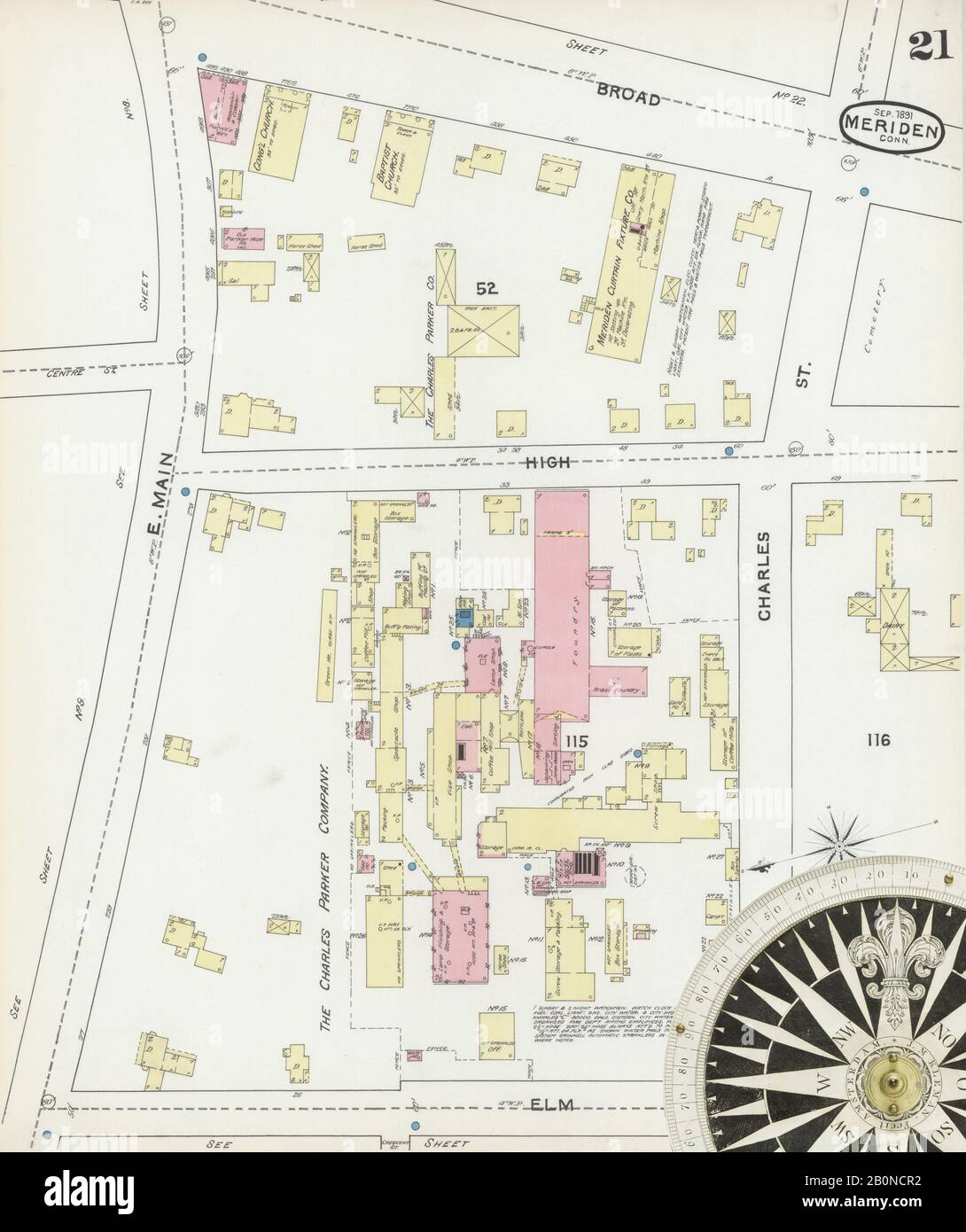 Image 21 De La Carte D'Assurance-Incendie Sanborn De Meriden, New Haven County, Connecticut. Sept. 1891. 28 feuille(s), Amérique, plan de rue avec compas du XIXe siècle Banque D'Images