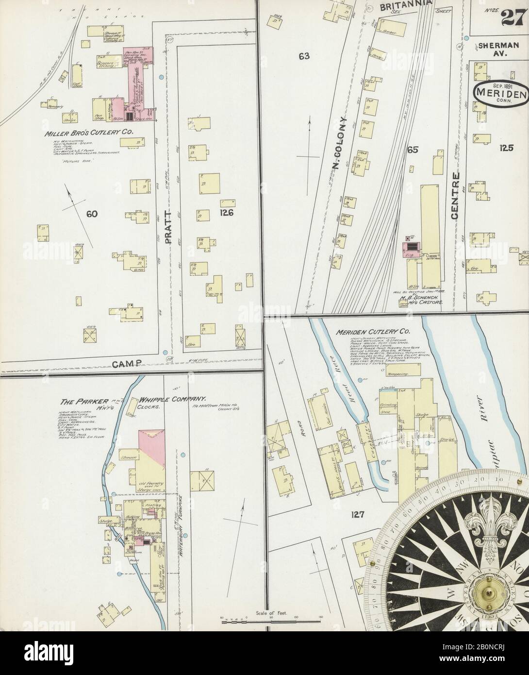 Image 27 De La Carte D'Assurance-Incendie Sanborn De Meriden, New Haven County, Connecticut. Sept. 1891. 28 feuille(s), Amérique, plan de rue avec compas du XIXe siècle Banque D'Images