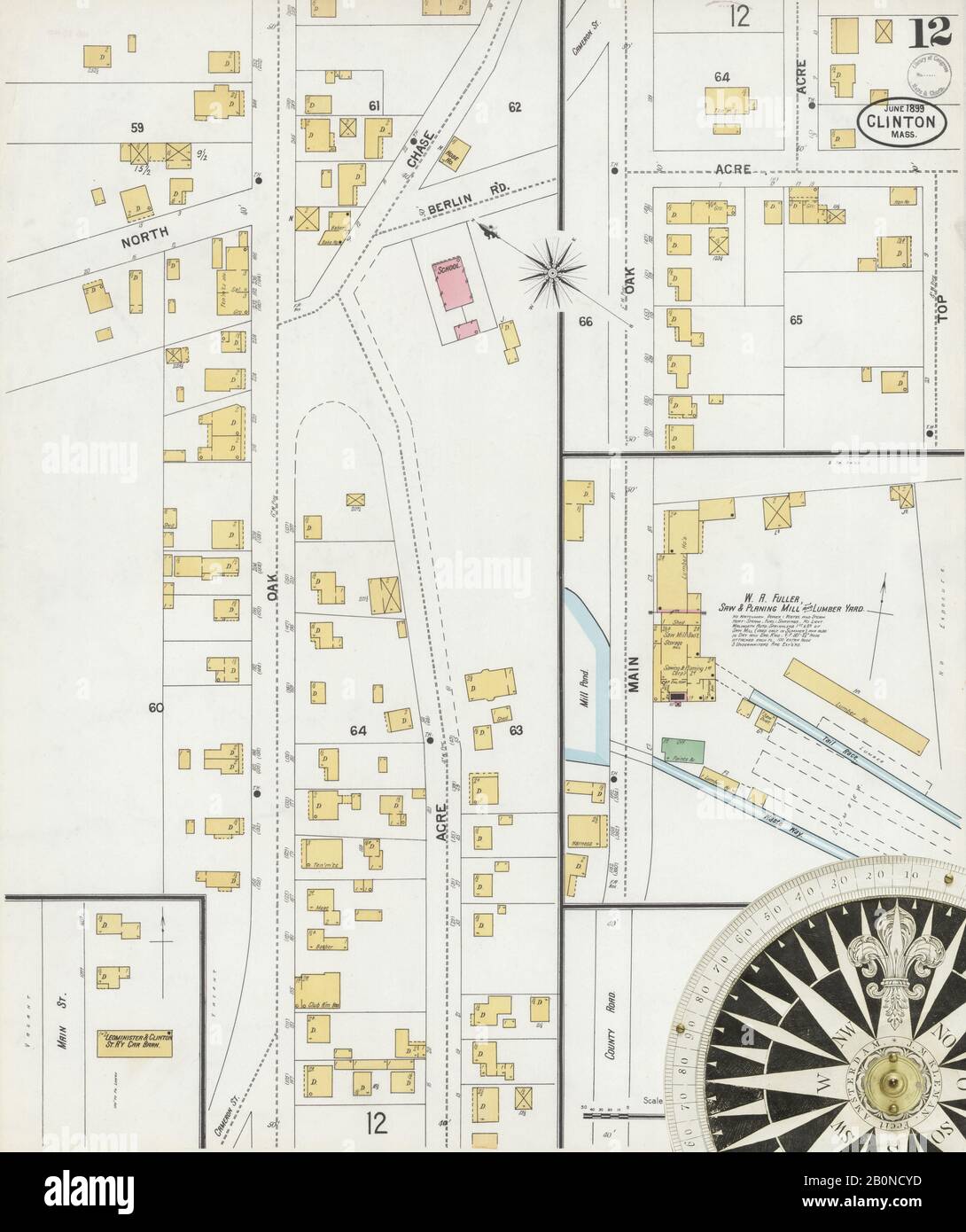 Image 12 De La Carte D'Assurance-Incendie Sanborn De Clinton, Comté De Worcester, Massachusetts. Juin 1899. 12 feuille(s), Amérique, plan de rue avec compas du XIXe siècle Banque D'Images