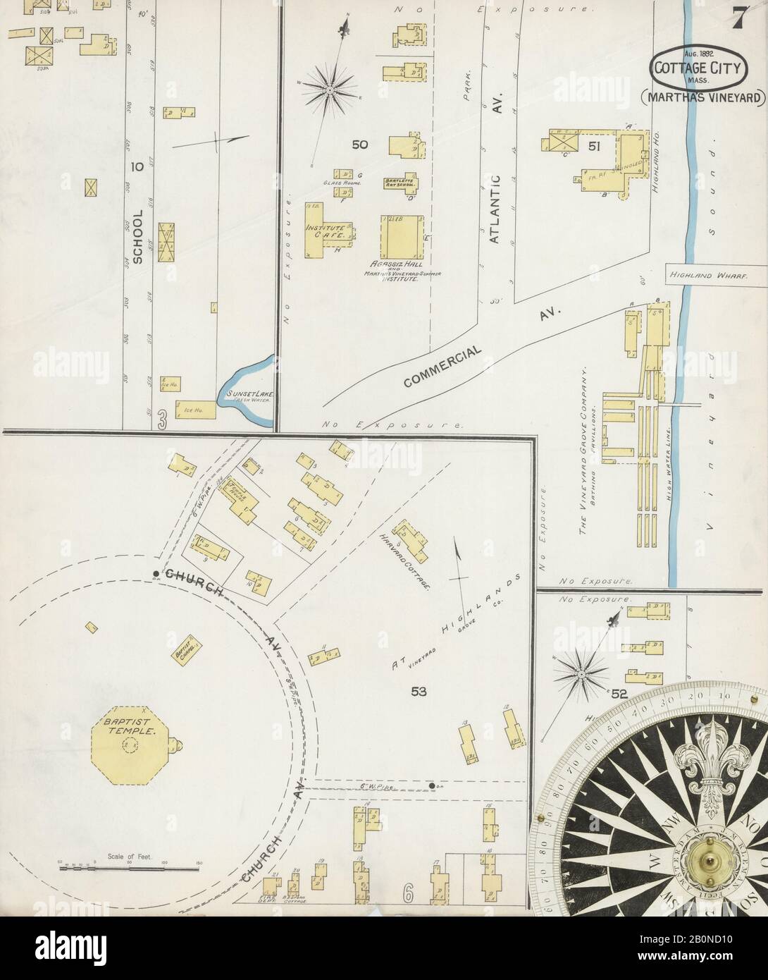 Image 7 De La Carte D'Assurance-Incendie Sanborn De Cottage City, Comté De Dukes, Massachusetts. Août 1892. 7 feuille(s), Amérique, plan de rue avec un compas du XIXe siècle Banque D'Images