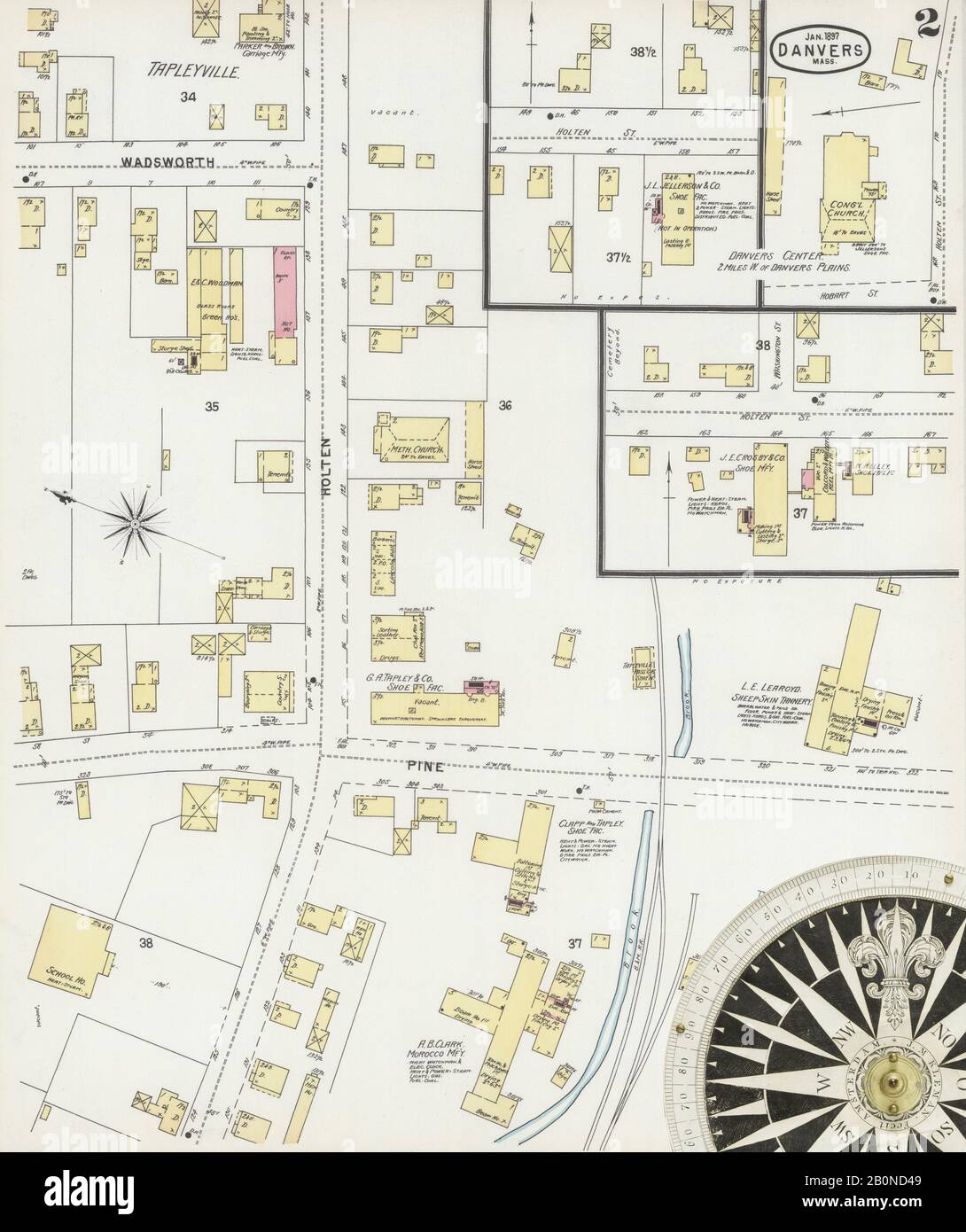 Image 2 De La Carte D'Assurance-Incendie Sanborn De Danvers, Comté D'Essex, Massachusetts. Janvier 1897. 9 feuille(s), Amérique, plan de rue avec compas du XIXe siècle Banque D'Images