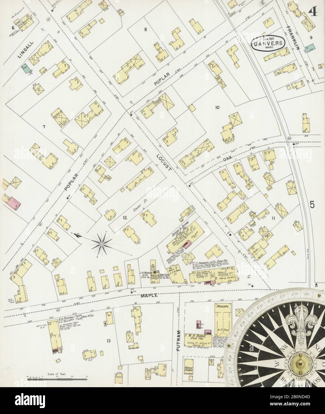 Image 4 De La Carte D'Assurance-Incendie Sanborn De Danvers, Comté D'Essex, Massachusetts. Janvier 1897. 9 feuille(s), Amérique, plan de rue avec compas du XIXe siècle Banque D'Images