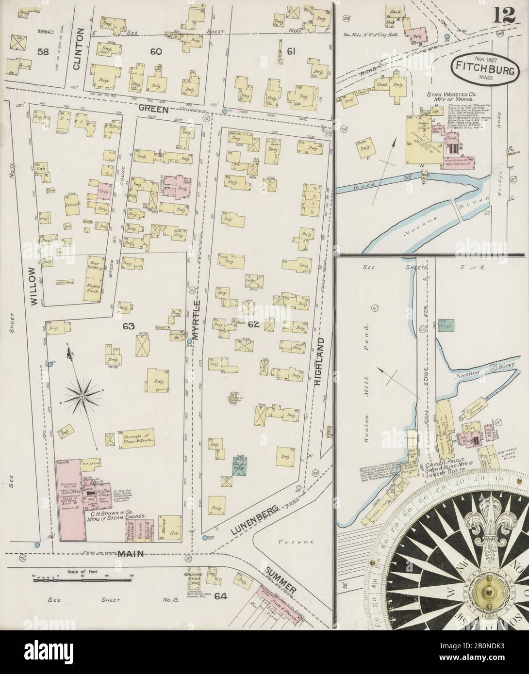 Image 12 De La Carte D'Assurance-Incendie Sanborn De Fitchburg, Comté De Worcester, Massachusetts. Novembre 1887. 17 feuille(s), Amérique, plan de rue avec compas du XIXe siècle Banque D'Images