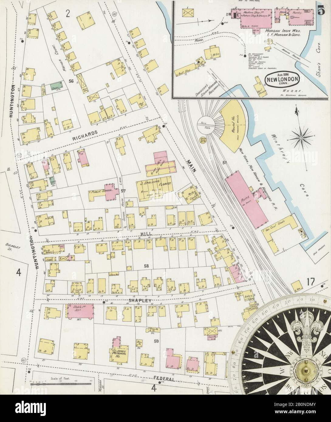 Image 5 De La Carte D'Assurance Incendie Sanborn De New London, New London County, Connecticut. Août 1896. 18 feuille(s), Amérique, plan de rue avec compas du XIXe siècle Banque D'Images