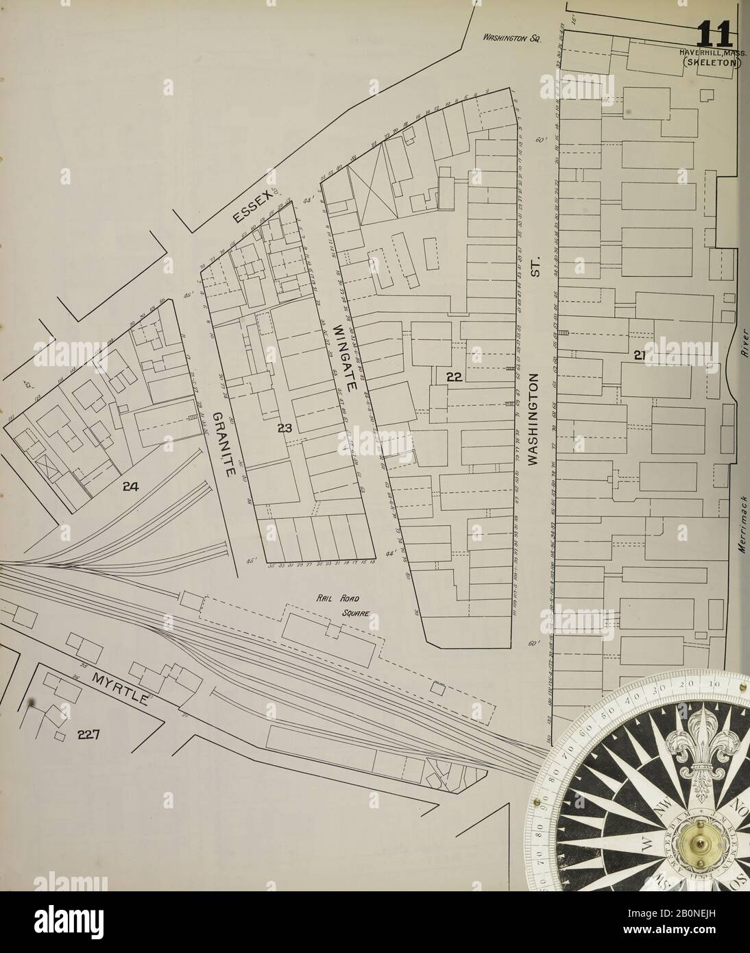 Image 13 De La Carte D'Assurance-Incendie Sanborn De Haverhill, Comté D'Essex, Massachusetts. 1893. 47 feuille(s). Inclut Bradford, Georgetown, Groveland. 2 cartes squelette. Direction, Amérique, plan de rue avec un compas du XIXe siècle Banque D'Images