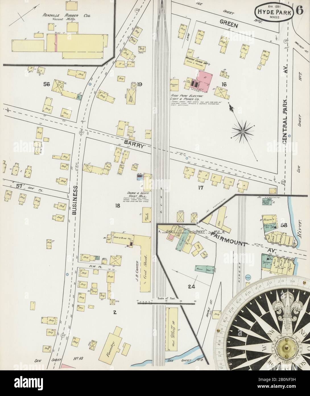 Image 6 De La Carte D'Assurance-Incendie Sanborn De Hyde Park, Comté De Norfolk, Massachusetts. Avril 1891. 10 feuille(s), Amérique, plan de rue avec compas du dix-neuvième siècle Banque D'Images