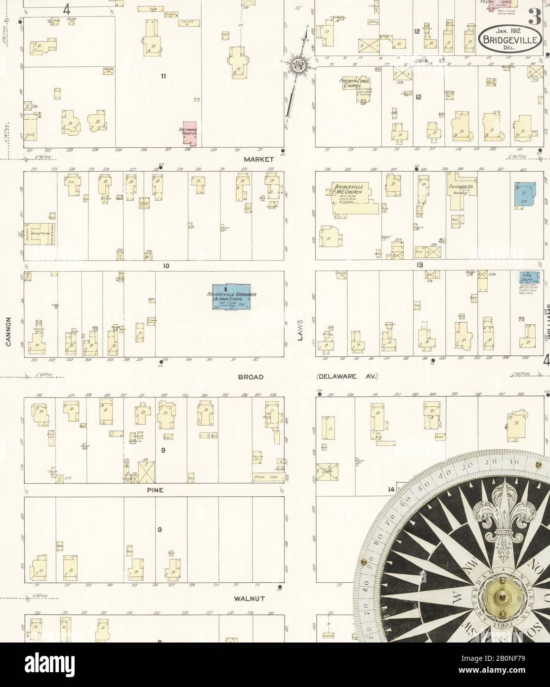 Image 3 De La Carte D'Assurance-Incendie Sanborn De Bridgeville, Comté De Sussex, Delaware. Janvier 1912. 4 feuille(s), Amérique, plan de rue avec un compas du dix-neuvième siècle Banque D'Images