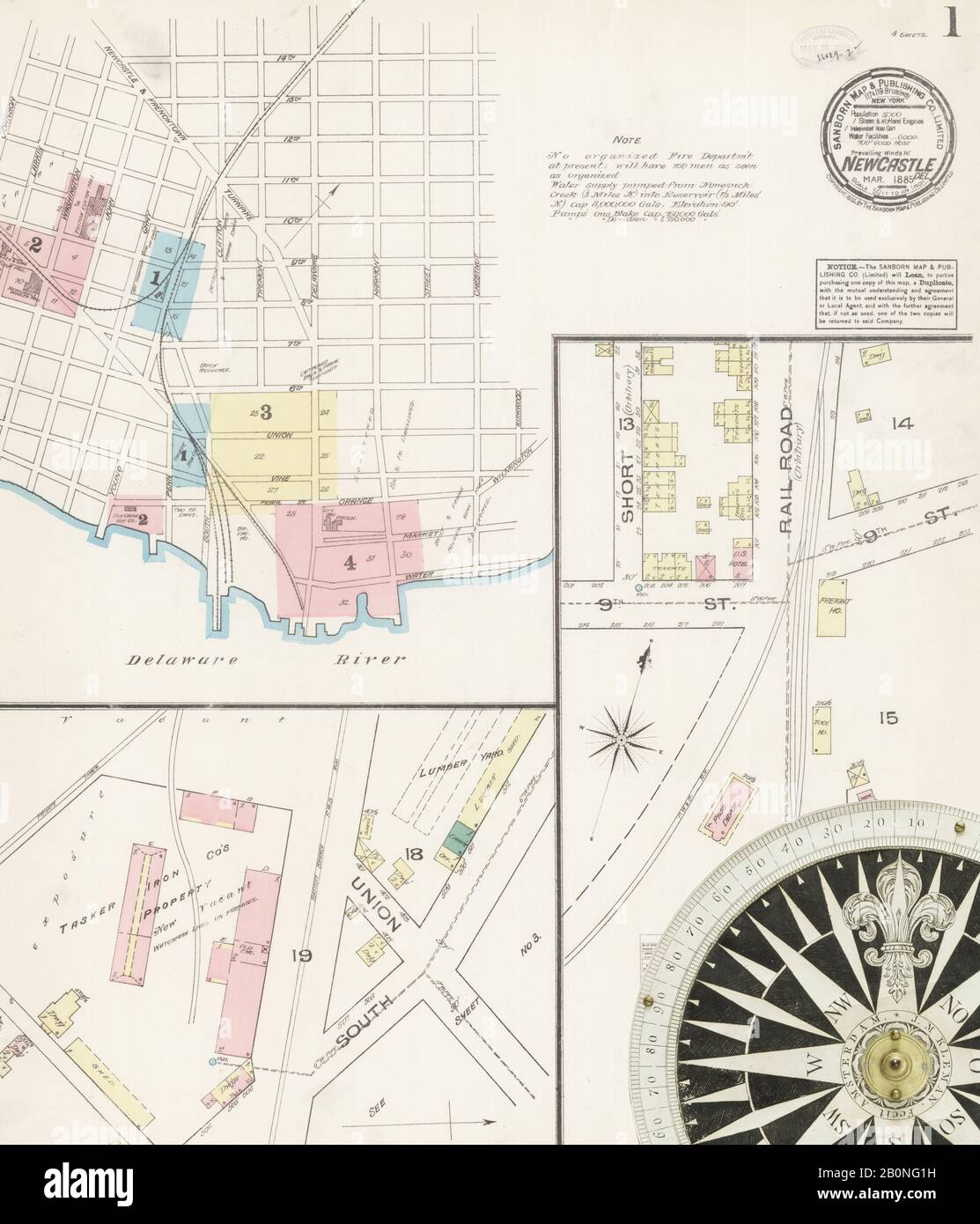 Image 1 De La Carte D'Assurance-Incendie Sanborn De New Castle, New Castle County, Delaware. Mars 1885. 4 feuille(s), Amérique, plan de rue avec un compas du dix-neuvième siècle Banque D'Images