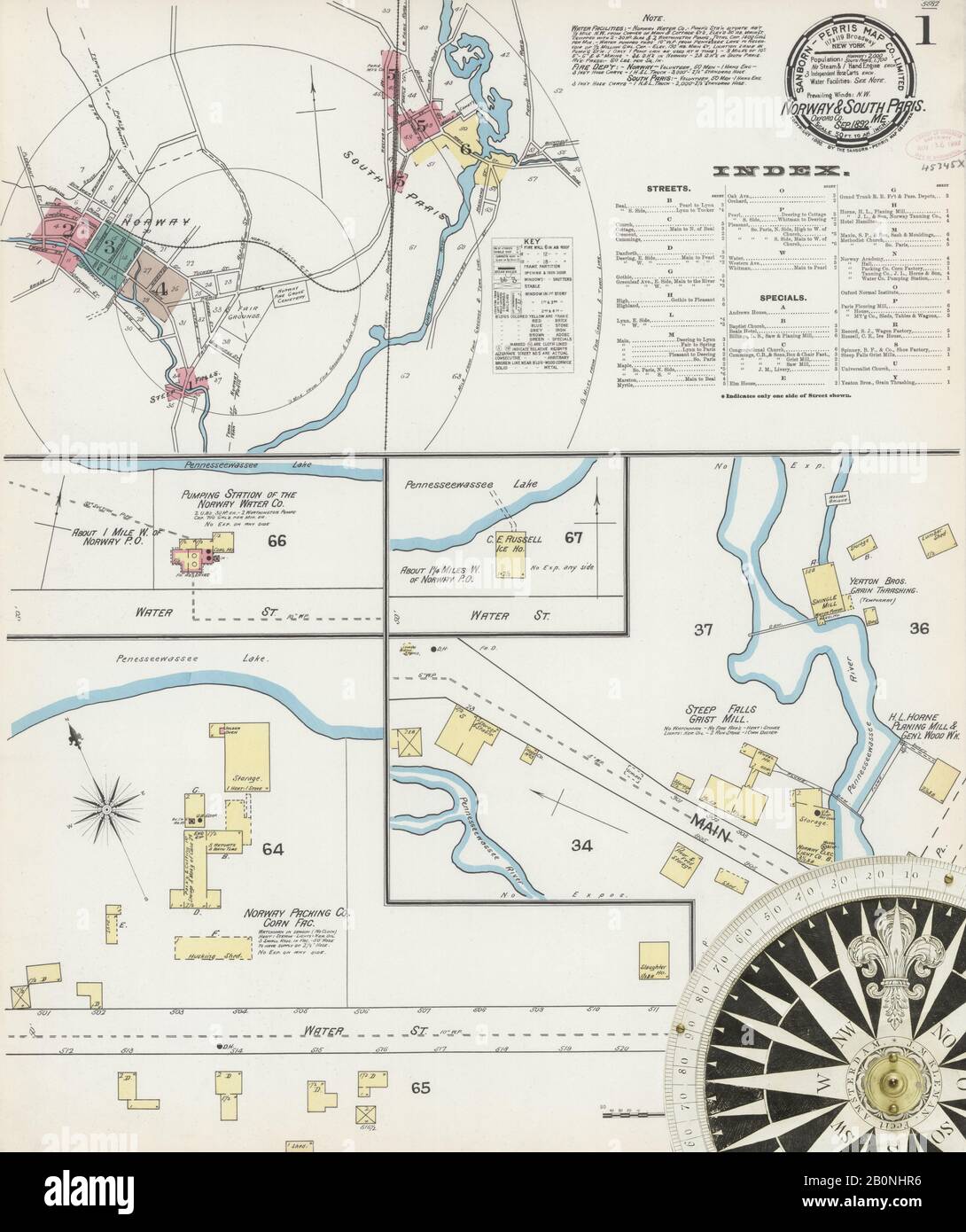 Image 1 De La Carte D'Assurance-Incendie Sanborn De Norvège, Comté D'Oxford, Maine. Sept 1892. 6 feuille(s). Inclut Paris du Sud, Amérique, plan de rue avec un compas du dix-neuvième siècle Banque D'Images