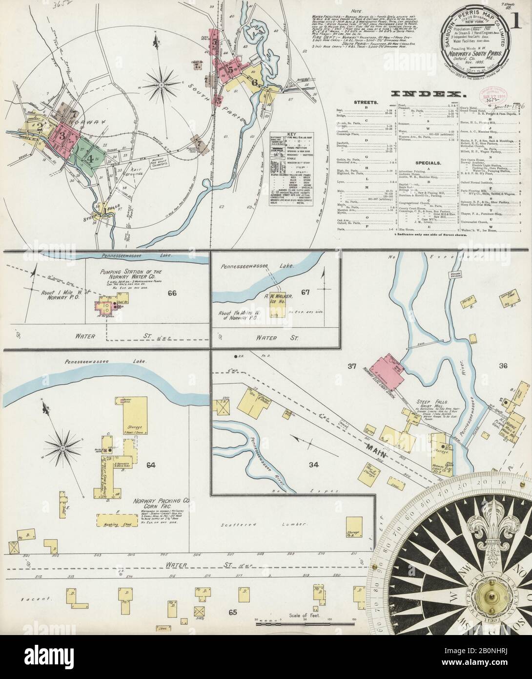 Image 1 De La Carte D'Assurance-Incendie Sanborn De Norvège, Comté D'Oxford, Maine. Novembre 1895. 7 feuille(s). Inclut Paris du Sud, Amérique, plan de rue avec un compas du dix-neuvième siècle Banque D'Images