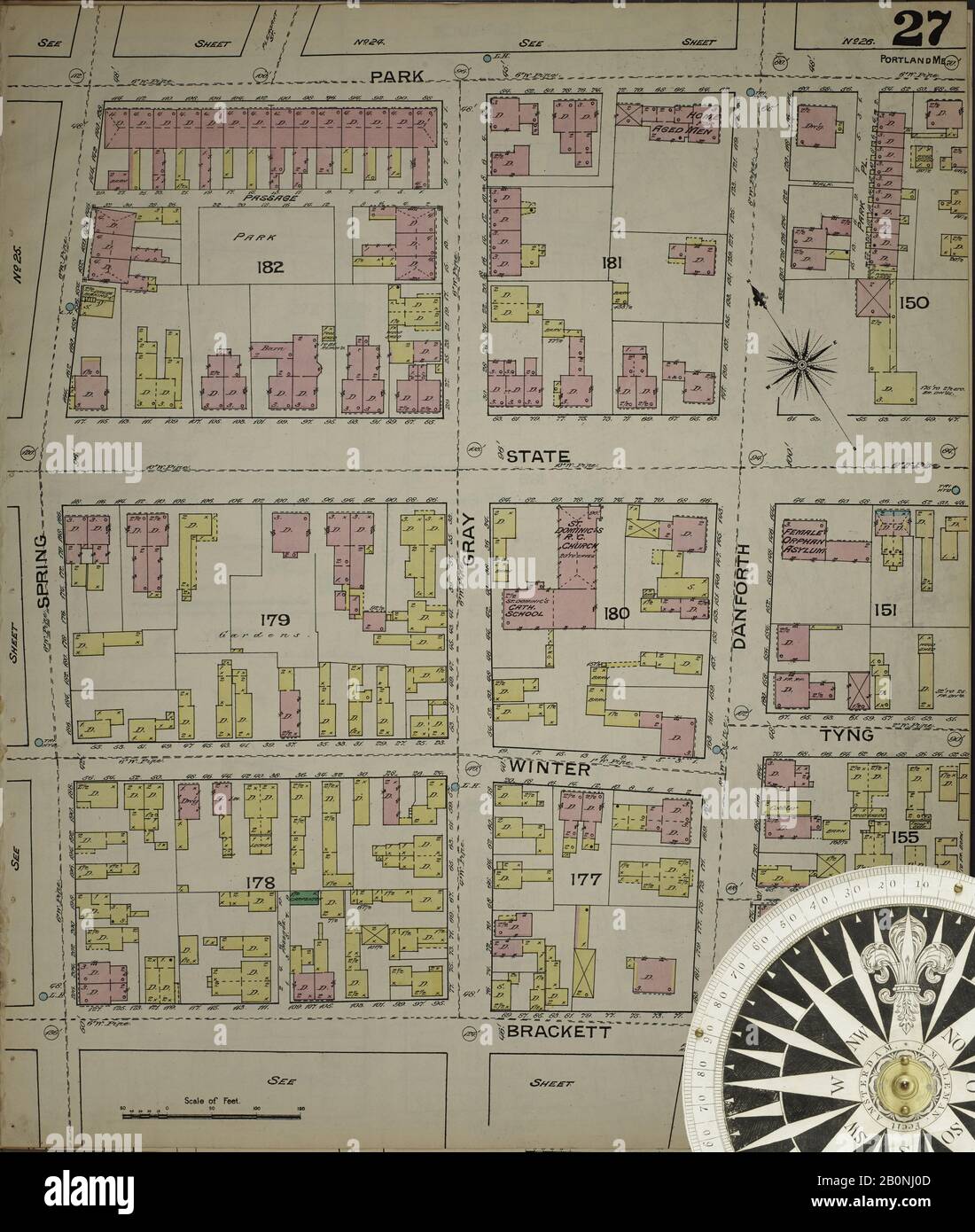 Image 27 De La Carte D'Assurance-Incendie Sanborn De Portland, Comté De Cumberland, Maine. 1886. 35 feuille(s). Direction, Amérique, plan de rue avec un compas du XIXe siècle Banque D'Images