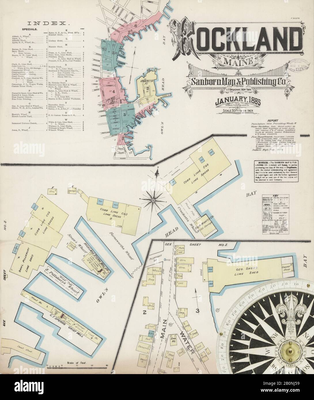 Image 1 De La Carte D'Assurance-Incendie Sanborn De Rockland, Comté De Knox, Maine. Janvier 1885. 6 feuille(s), Amérique, plan de rue avec compas du XIXe siècle Banque D'Images