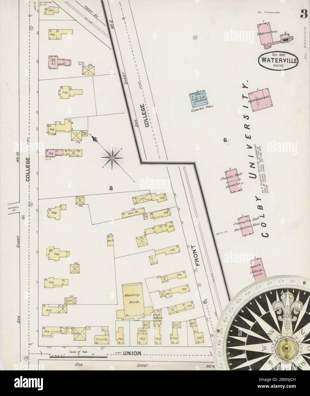 Image 3 De La Carte D'Assurance-Incendie Sanborn De Waterville, Comté De Kennebec, Maine. Déc 1889. 13 feuille(s), Amérique, plan de rue avec compas du XIXe siècle Banque D'Images