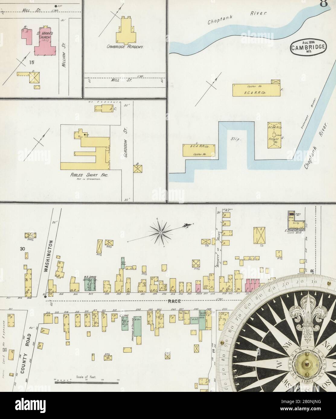 Image 8 De La Carte D'Assurance-Incendie Sanborn De Cambridge, Comté De Dorchester, Maryland. Sept 1896. 8 feuille(s), Amérique, plan de rue avec un compas du dix-neuvième siècle Banque D'Images