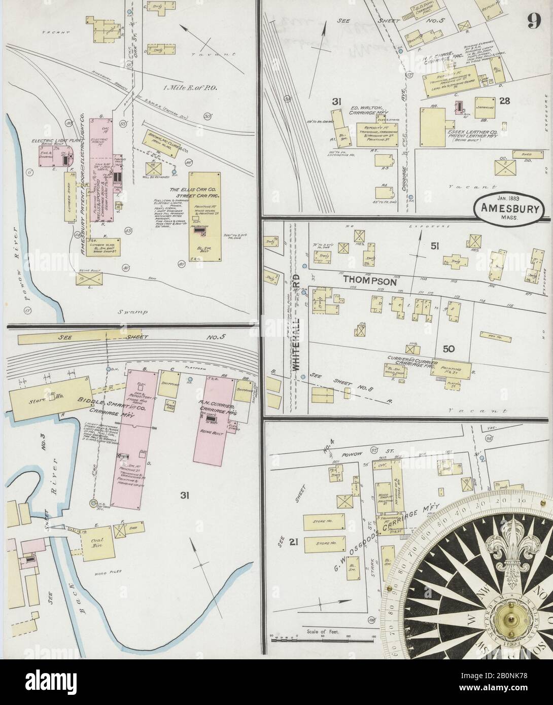 Image 9 De La Carte D'Assurance-Incendie Sanborn D'Amesbury, Comté D'Essex, Massachusetts. Janvier 1889. 9 feuille(s), Amérique, plan de rue avec compas du XIXe siècle Banque D'Images