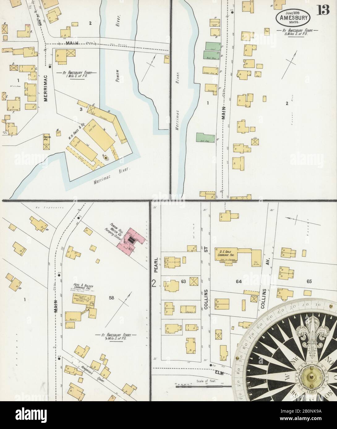 Image 13 De La Carte D'Assurance-Incendie Sanborn D'Amesbury, Comté D'Essex, Massachusetts. Juin 1899. 14 feuille(s), Amérique, plan de rue avec compas du XIXe siècle Banque D'Images