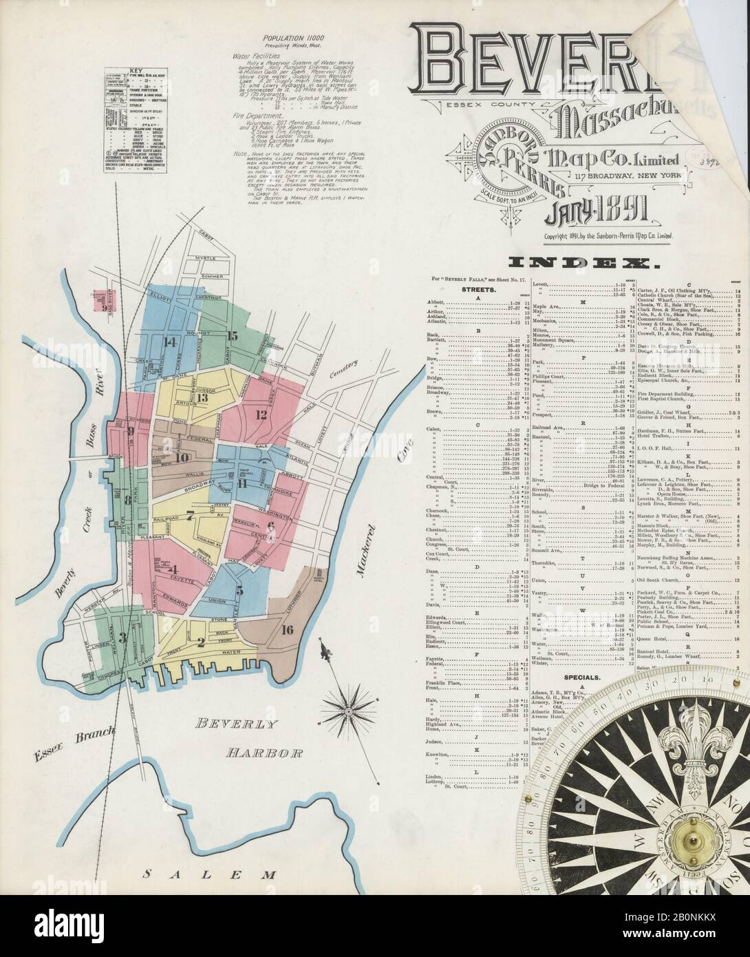 Image 1 De La Carte D'Assurance-Incendie Sanborn De Beverly, Comté D'Essex, Massachusetts. Janvier 1891. 17 feuille(s), Amérique, plan de rue avec compas du XIXe siècle Banque D'Images