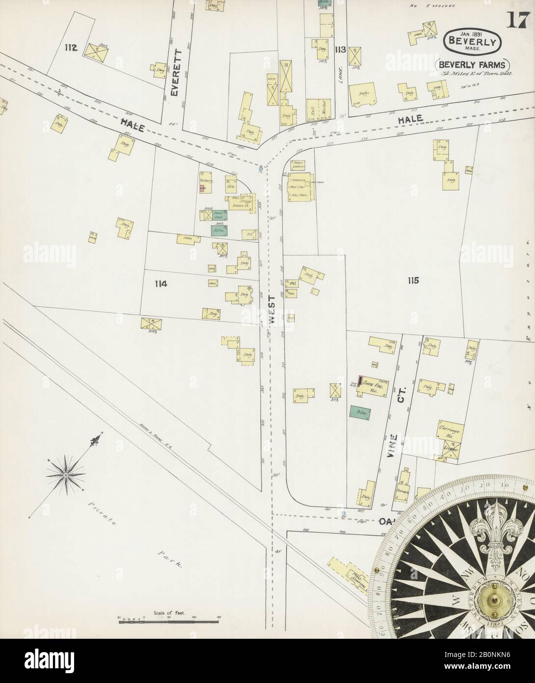 Image 17 De La Carte D'Assurance-Incendie Sanborn De Beverly, Comté D'Essex, Massachusetts. Janvier 1891. 17 feuille(s), Amérique, plan de rue avec compas du XIXe siècle Banque D'Images