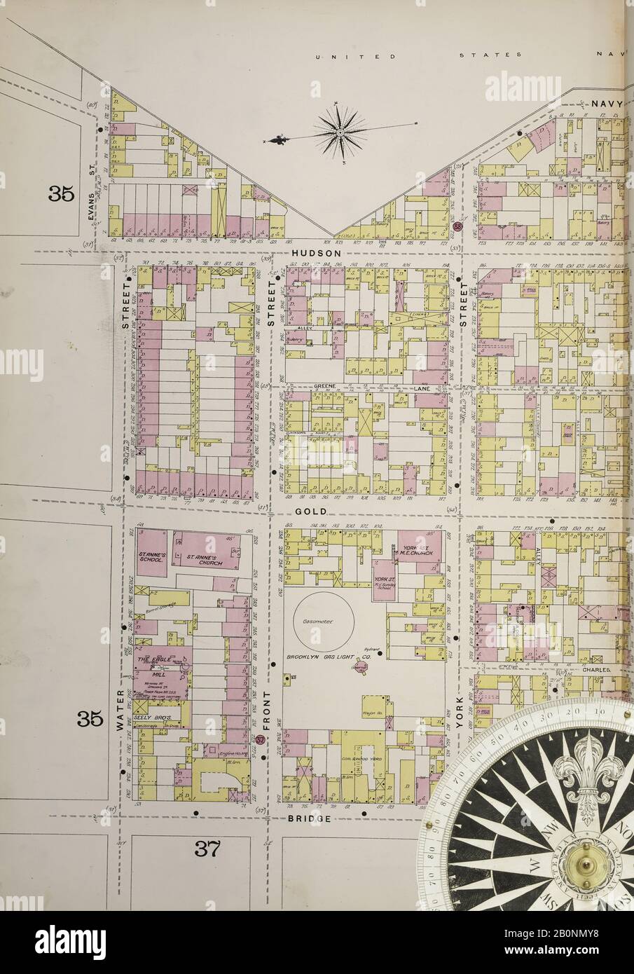 Image 13 De La Carte D'Assurance-Incendie Sanborn De Brooklyn, Comté De Kings, New York. 1886-1888 Vol. 2, 1887. 53 feuille(s). Plaques à double pression numérotées 31-58. Direction, Amérique, plan de rue avec un compas du XIXe siècle Banque D'Images