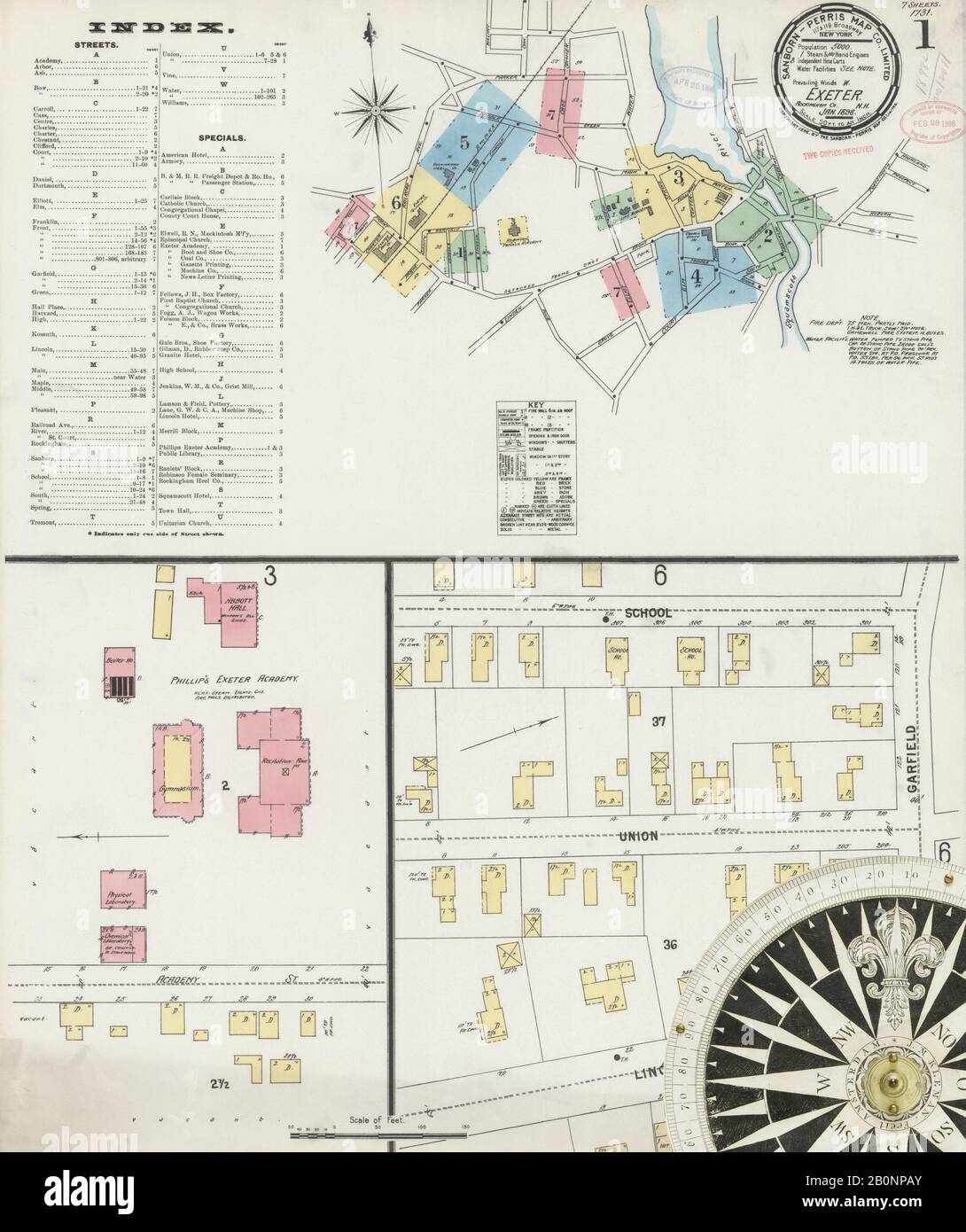 Image 1 De La Carte D'Assurance-Incendie Sanborn D'Exeter, Comté De Rockingham, New Hampshire. Janvier 1898. 7 feuille(s), Amérique, plan de rue avec un compas du XIXe siècle Banque D'Images