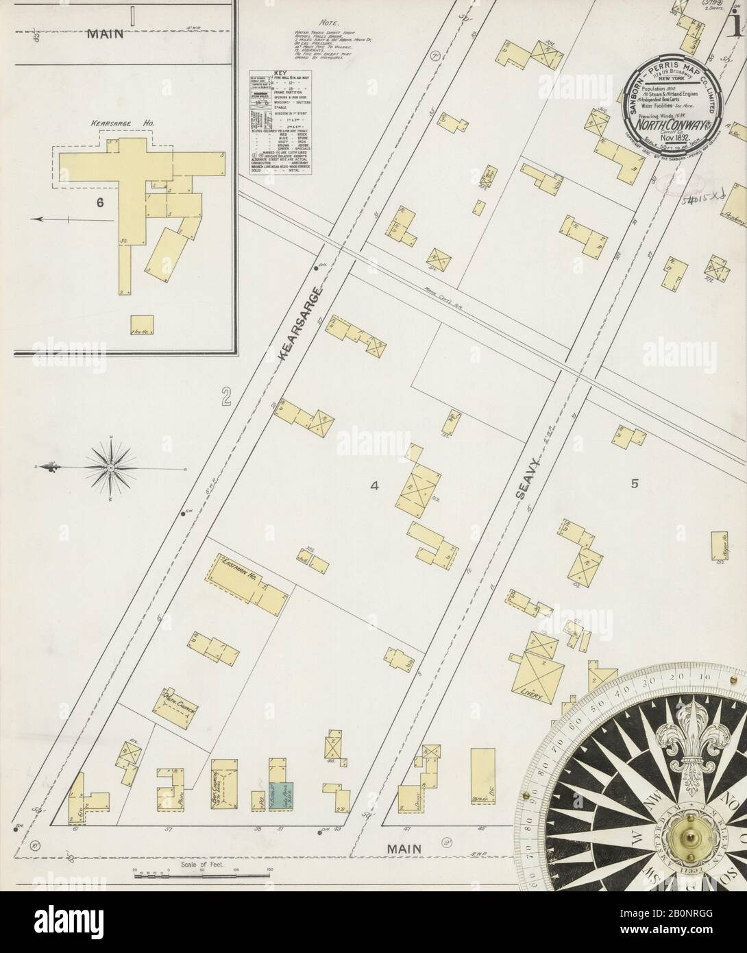 Image 1 De La Carte D'Assurance-Incendie Sanborn De North Conway, Comté De Carroll, New Hampshire. Novembre 1892. 2 feuille(s), Amérique, plan de rue avec un compas du dix-neuvième siècle Banque D'Images