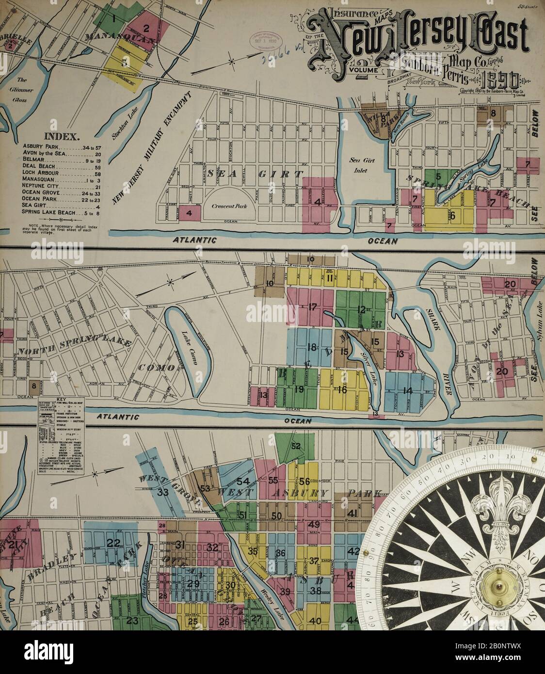 Image 1 De La Carte D'Assurance-Incendie Sanborn De La Côte Du New Jersey, De La Côte Du New Jersey, Du New Jersey. 1890 Vol. 4. 42 feuille(s). Inclut Anglesea, Avalon, Cape May, Cape May Point, Holly Beach City, Mount Vernon, New Mount Vernon, Ocean City, Sea Isle City, Shellingers Landing, West Cape May, Wildwood Beach. Direction, Amérique, plan de rue avec un compas du XIXe siècle Banque D'Images