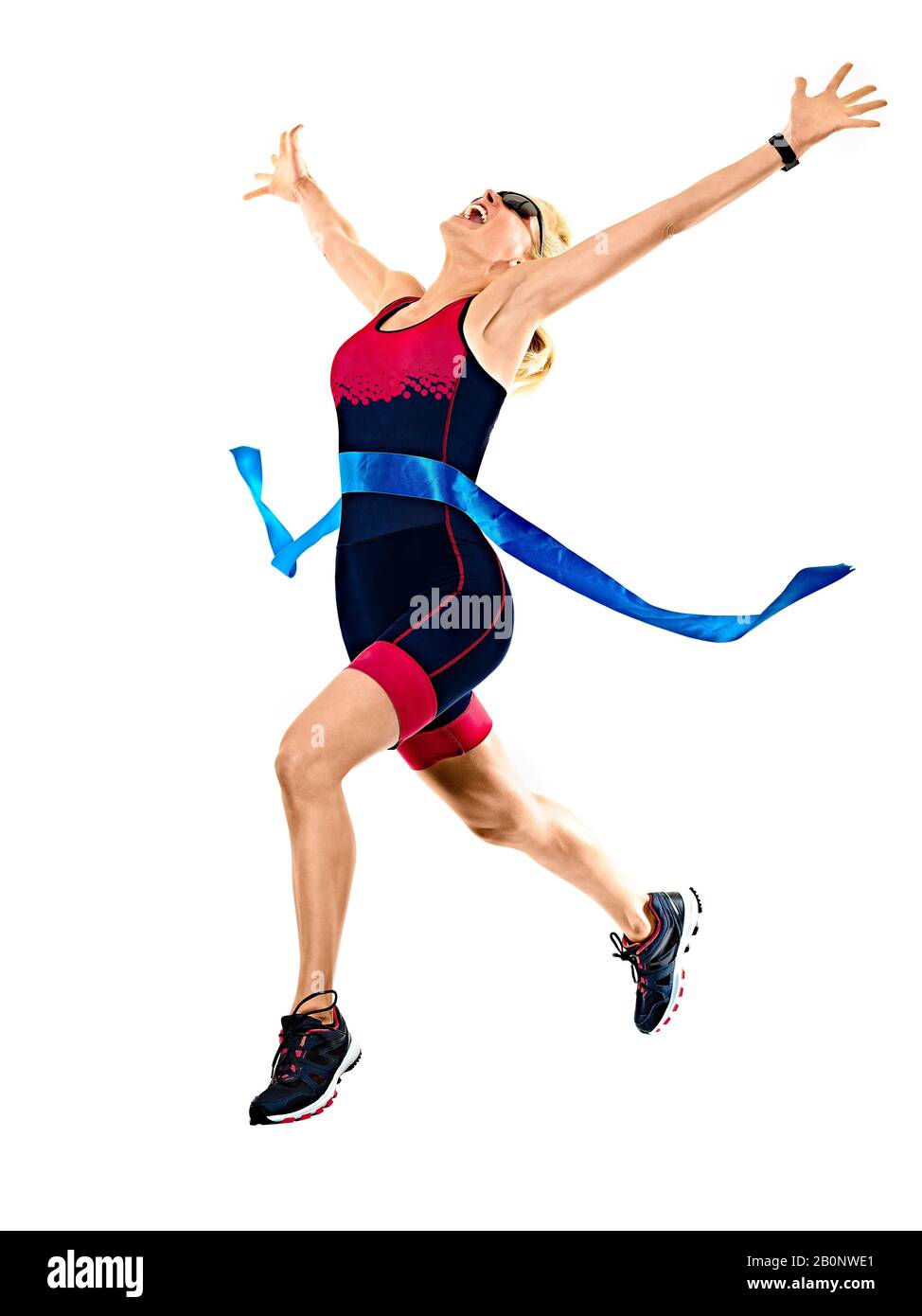 Un caucasian woman practicing triathlète Ironman Triathlon runner jogger running jogging en studio shot isolé sur fond blanc Banque D'Images