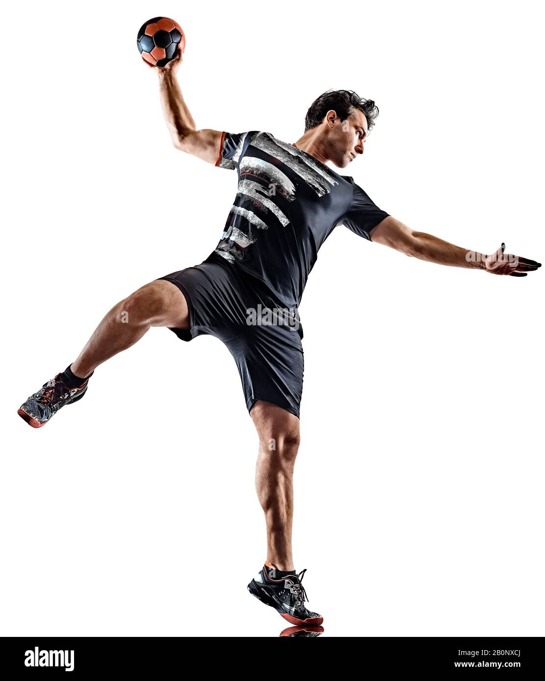 un jeune homme de joueur de handball caucasien dans le studio silhouette ombre isolée sur fond blanc Banque D'Images