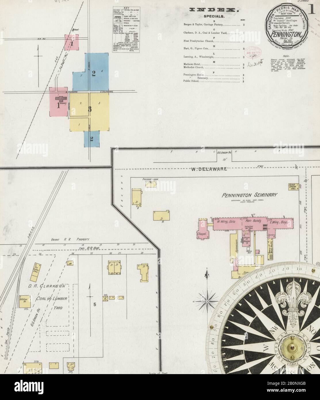 Image 1 De La Carte D'Assurance-Incendie Sanborn De Pennington, Comté De Mercer, New Jersey. Novembre 1895. 3 feuille(s), Amérique, plan de rue avec un compas du dix-neuvième siècle Banque D'Images