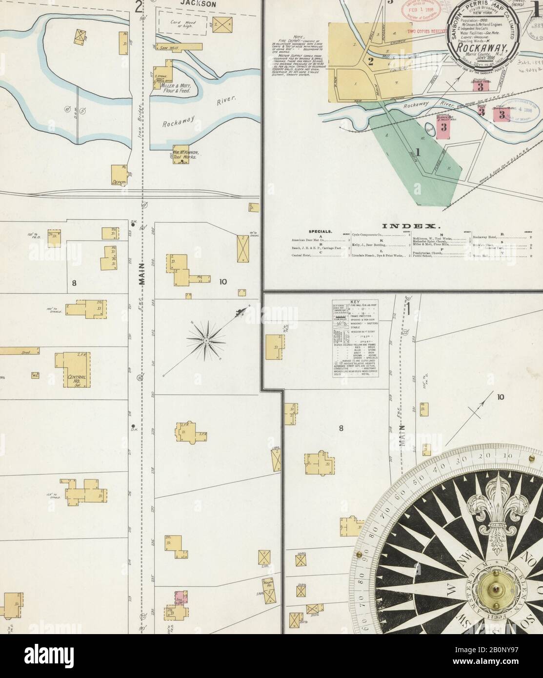 Image 1 De La Carte D'Assurance-Incendie Sanborn De Rockaway, Comté De Morris, New Jersey. Janvier 1898. 3 feuille(s), Amérique, plan de rue avec un compas du dix-neuvième siècle Banque D'Images