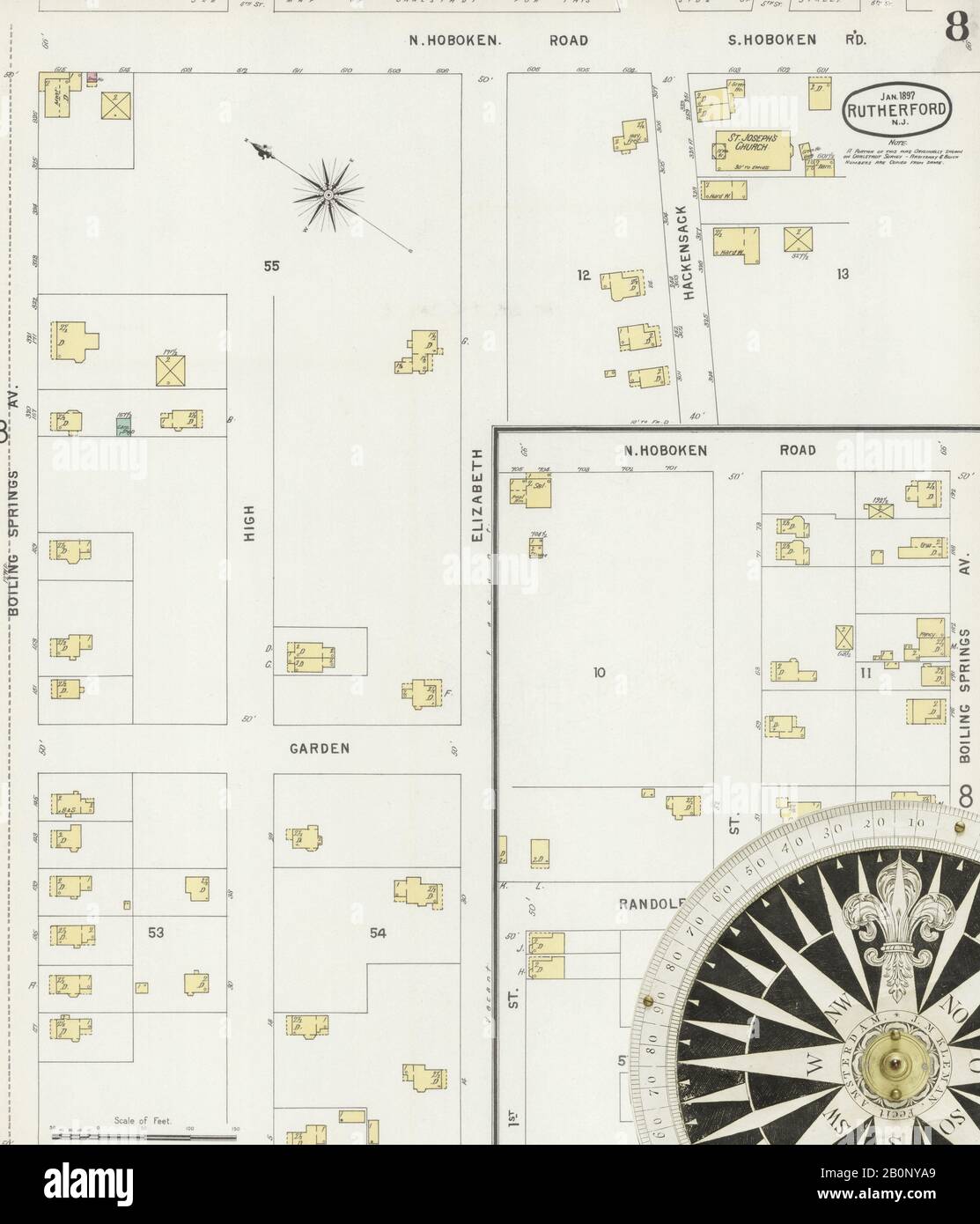 Image 8 De La Carte D'Assurance-Incendie Sanborn De Rutherford, Comté De Bergen, New Jersey. Janvier 1897. 8 feuilles. Inclut East Rutherford, Amérique, plan de rue avec un compas du dix-neuvième siècle Banque D'Images