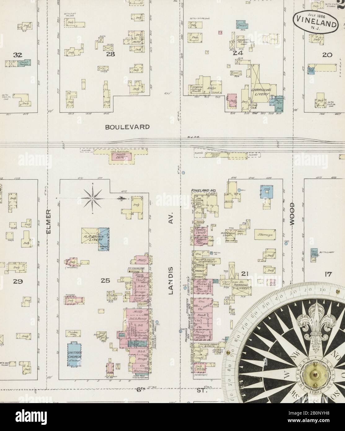 Image 2 De La Carte D'Assurance-Incendie Sanborn De Vineland, Comté De Cumberland, New Jersey. Juil 1886. 4 feuille(s), Amérique, plan de rue avec un compas du dix-neuvième siècle Banque D'Images