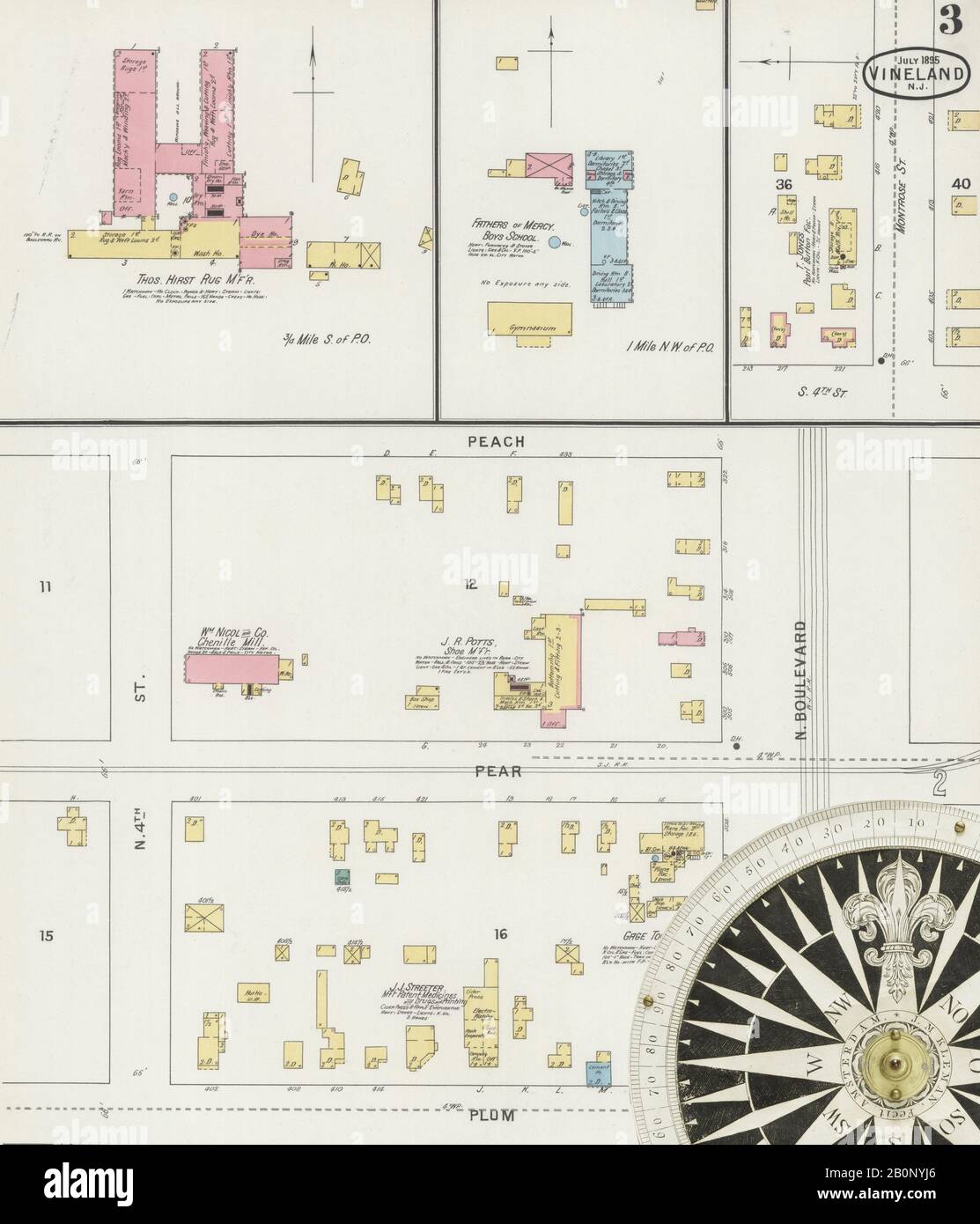 Image 3 De La Carte D'Assurance-Incendie Sanborn De Vineland, Comté De Cumberland, New Jersey. Juil 1895. 8 feuille(s), Amérique, plan de rue avec un compas du dix-neuvième siècle Banque D'Images