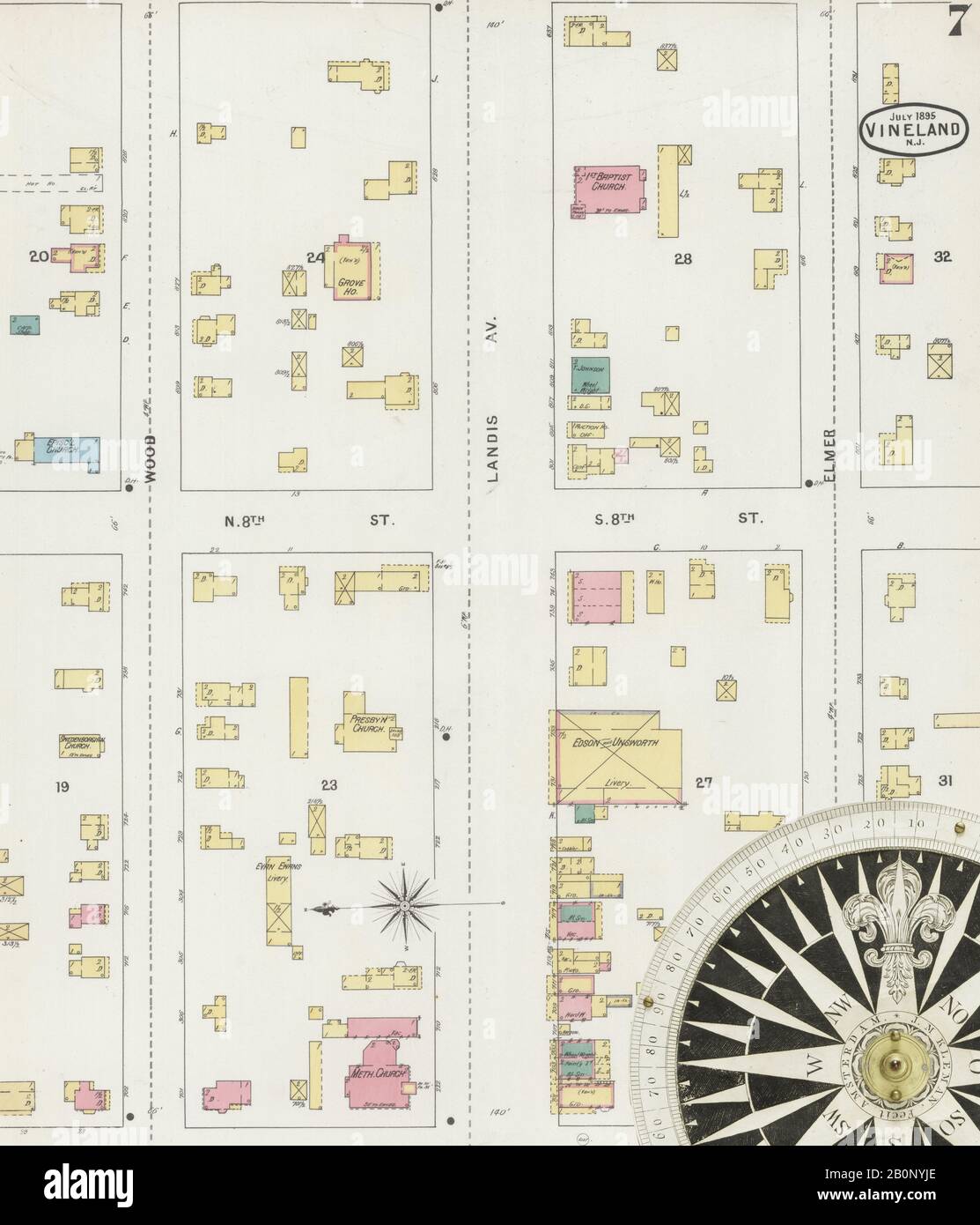 Image 7 De La Carte D'Assurance-Incendie Sanborn De Vineland, Comté De Cumberland, New Jersey. Juil 1895. 8 feuille(s), Amérique, plan de rue avec un compas du dix-neuvième siècle Banque D'Images