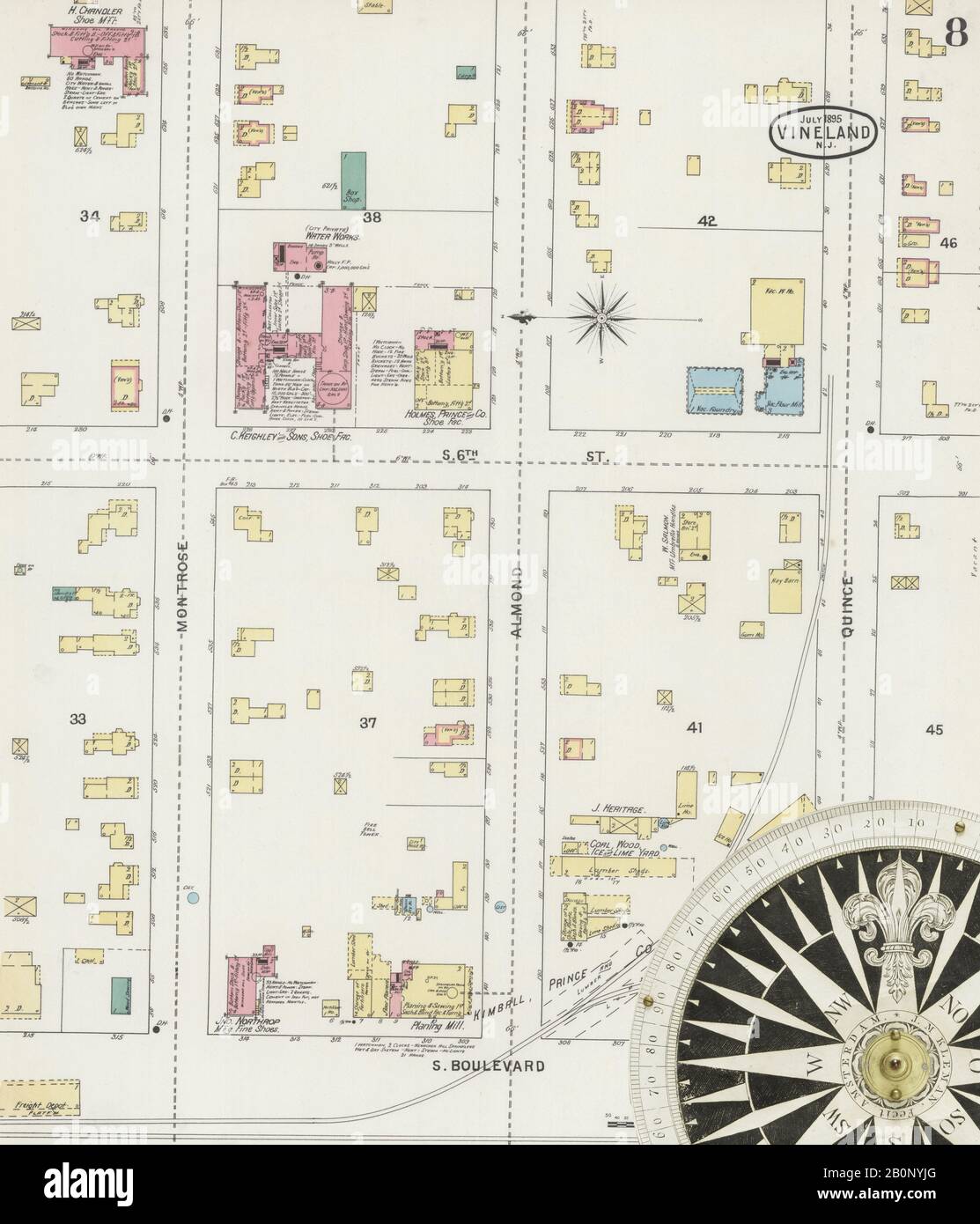 Image 8 De La Carte D'Assurance-Incendie Sanborn De Vineland, Comté De Cumberland, New Jersey. Juil 1895. 8 feuille(s), Amérique, plan de rue avec un compas du dix-neuvième siècle Banque D'Images