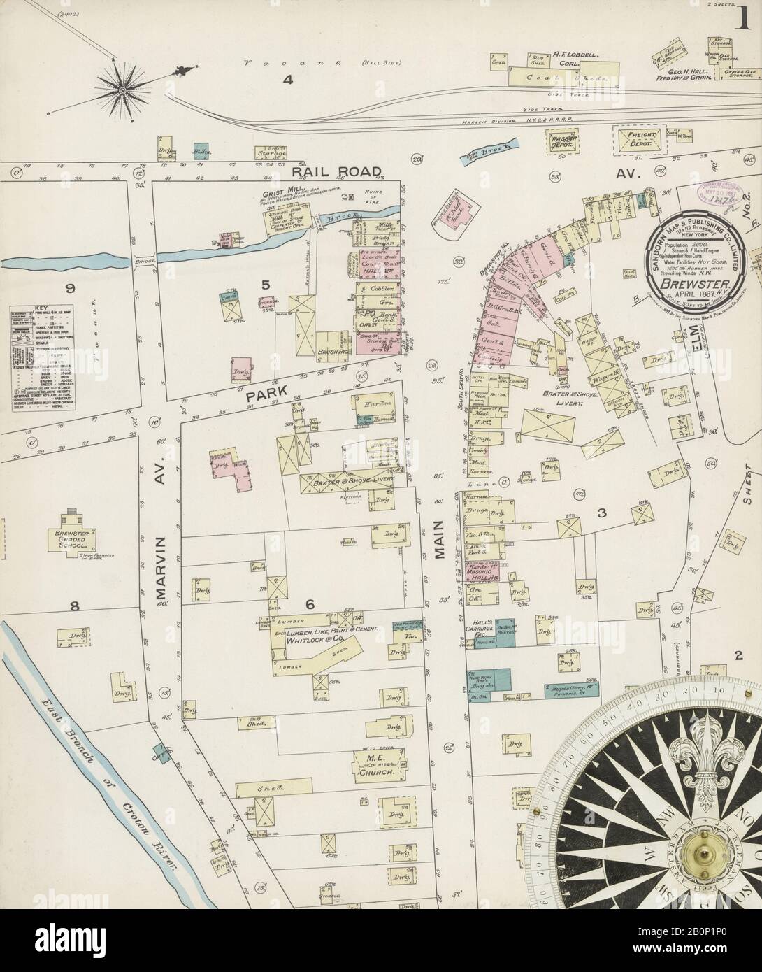 Image 1 De La Carte D'Assurance-Incendie Sanborn De Brewster, Comté De Putnam, New York. Avr 1887. 2 feuille(s), Amérique, plan de rue avec un compas du dix-neuvième siècle Banque D'Images Image 1 De La Carte D'Assurance-Incendie Sanborn De Brewster, Comté De Putnam, New York. Avr 1887. 2 feuille(s), Amérique, plan de rue avec un compas du dix-neuvième siècle Banque D'Images