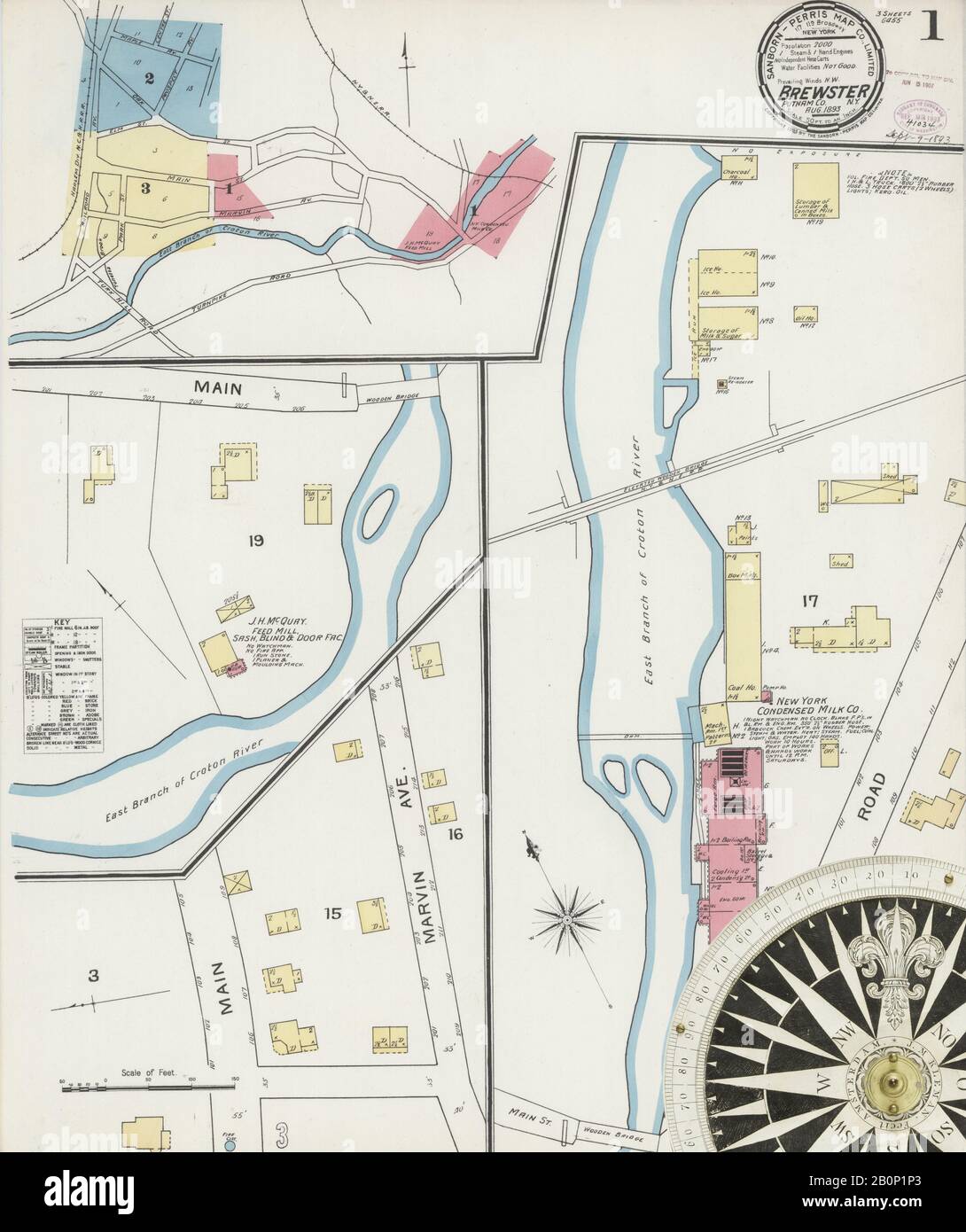 Image 1 De La Carte D'Assurance-Incendie Sanborn De Brewster, Comté De Putnam, New York. Août 1893. 3 feuille(s), Amérique, plan de rue avec un compas du dix-neuvième siècle Banque D'Images Image 1 De La Carte D'Assurance-Incendie Sanborn De Brewster, Comté De Putnam, New York. Août 1893. 3 feuille(s), Amérique, plan de rue avec un compas du dix-neuvième siècle Banque D'Images