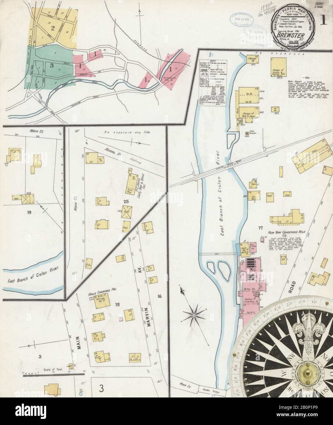 Image 1 De La Carte D'Assurance-Incendie Sanborn De Brewster, Comté De Putnam, New York. Juin 1898. 3 feuille(s), Amérique, plan de rue avec un compas du dix-neuvième siècle Banque D'Images