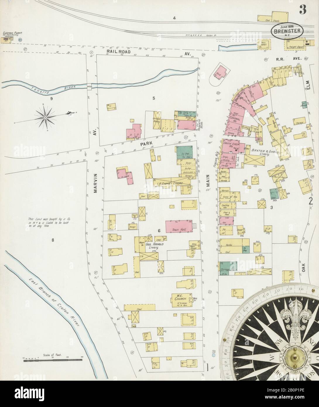 Image 3 De La Carte D'Assurance-Incendie Sanborn De Brewster, Comté De Putnam, New York. Juin 1898. 3 feuille(s), Amérique, plan de rue avec un compas du dix-neuvième siècle Banque D'Images Image 3 De La Carte D'Assurance-Incendie Sanborn De Brewster, Comté De Putnam, New York. Juin 1898. 3 feuille(s), Amérique, plan de rue avec un compas du dix-neuvième siècle Banque D'Images