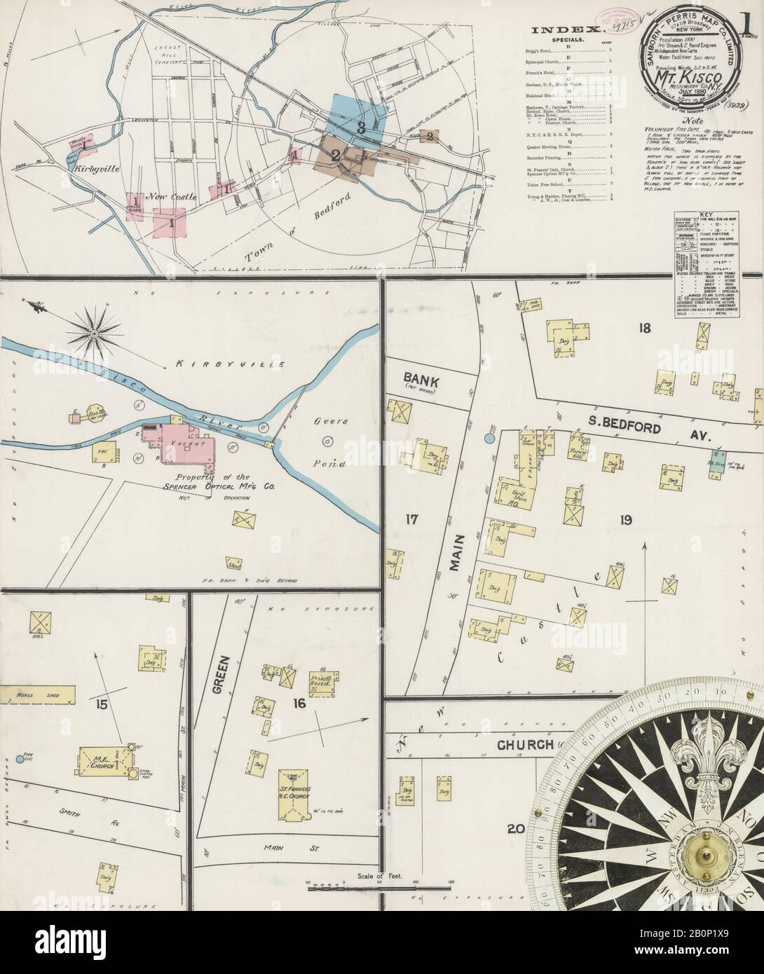 Image 1 De La Carte D'Assurance-Incendie Sanborn De Mount Kisco, Comté De Westchester, New York. Juillet 1890. 3 feuille(s), Amérique, plan de rue avec un compas du dix-neuvième siècle Banque D'Images