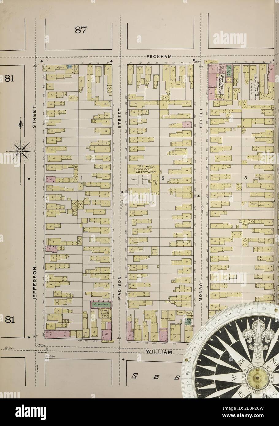 Image 9 De La Carte D'Assurance-Incendie Sanborn De Buffalo, Comté D'Erie, New York. 1889-1893 Vol. 3, 1889. 97 feuille(s). Plaques à double pression numérotées 79-125. Direction, Amérique, plan de rue avec un compas du XIXe siècle Banque D'Images